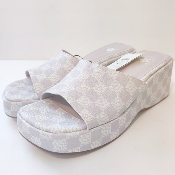 ASOS Bershka Checkerboard Wedge Mule Platform Sandals Slides Shoes Lilac Size 8 - Picture 5 of 7